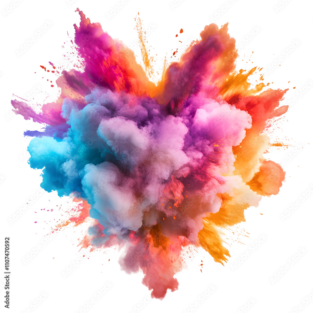 Poster multicolored powder explosion forming a dynamic and vibrant cloud effect, isolated on transparent ba