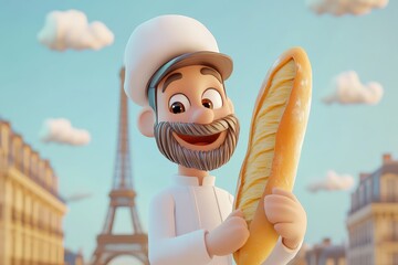 Chef character holding a baguette, bright background