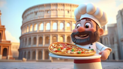 Chef with pizza, Colosseum in background