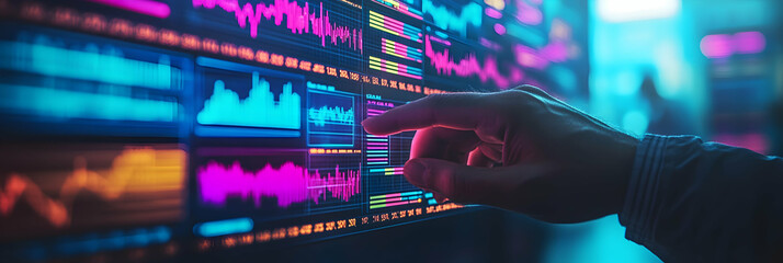 Obraz premium Hand Interacting with Vibrant Data Visualization on Screen