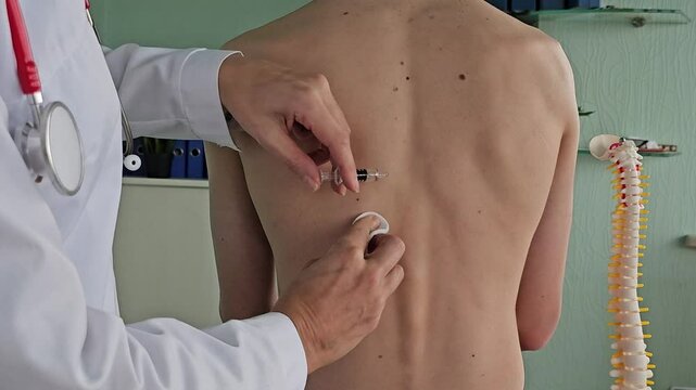 The doctor injects an ozone-oxygen mixture into the back of a boy to a patient to treat diseases of the spine and relax the muscles of the back