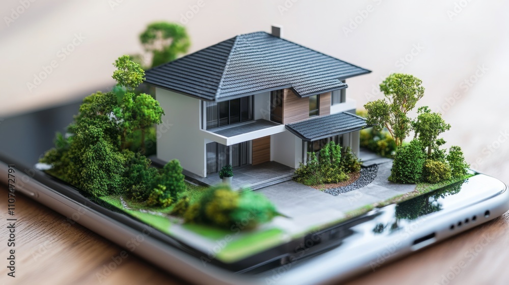 Aufkleber A mobile device displays a 3D model of a modern house surrounded by greenery. This innovative technology allows potential buyers to explore real estate options interactively and conveniently.