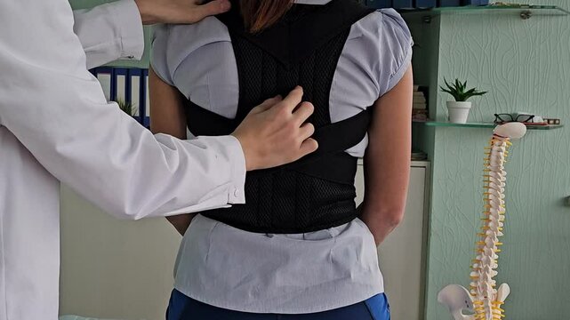 Orthopedist helping patient to put on posture corrector in clinic