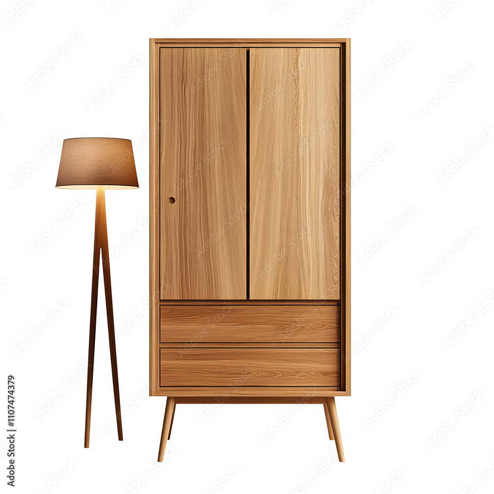 Poster stylish wooden wardrobe with three drawers and a matching floor lamp, isolated on a transparent back