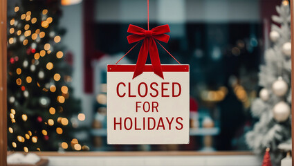 Closed for holidays sign board with red ribbon festive decor in background. perfect for business, retail store, office