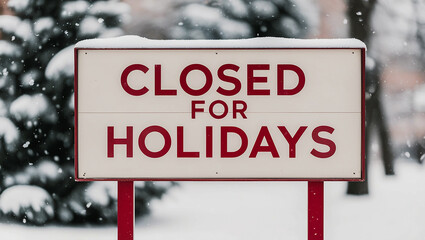 Closed for holidays sign board with festive decor and snow in background. perfect for business, retail store, office