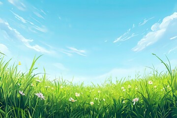 Obraz premium Spring Field with Long Grass, Wild Flowers and clear blue sky. Nature Background with space for text. with generative ai