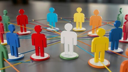 Obraz premium Colorful Figures Connected by Strings Symbolizing Teamwork and Unity