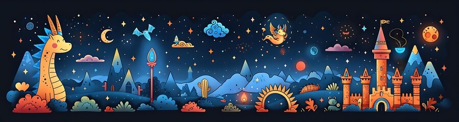 Fantasy night scene with dragon, castle, and stars.