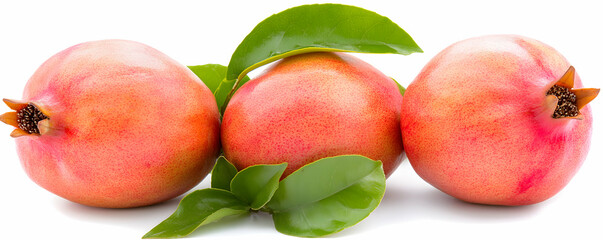 Vibrant Pomegranates, Three Juicy Fruits with Lush Green Leaves on White Background