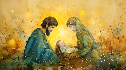 Watercolor painting of the Holy Family; Mary, Joseph, and baby Jesus in a manger.