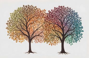 Two artistic trees with colorful leaves representing diversity and harmony, set on a clean white background. Ideal for modern and creative designs. Generative AI