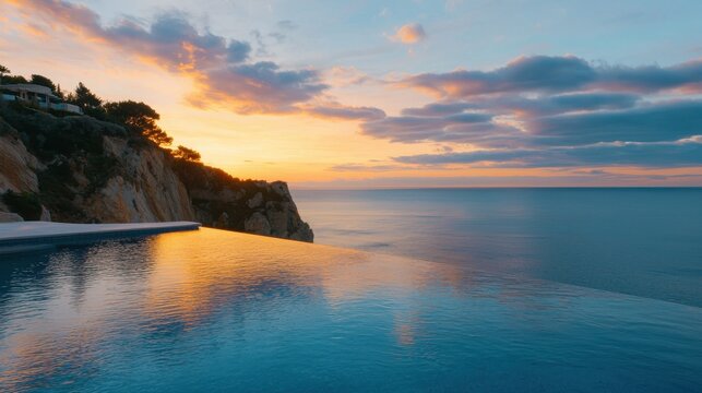 Sunset serenity luxurious infinity pool overlooking dramatic ocean views in coastal paradise relaxing atmosphere captivating landscape photography