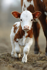 Adorable newborn calf walking towards camera, close-up.