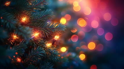 Christmas tree branch with colorful holiday lights and vibrant bokeh