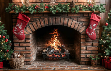 Obraz premium Brick fireplace with christmas stockings and festive garland decor