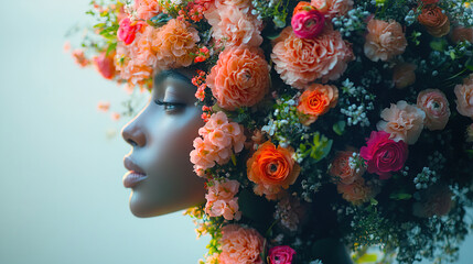 Portrait of a woman with floral headpiece in soft light showcasing beauty and creativity in a...