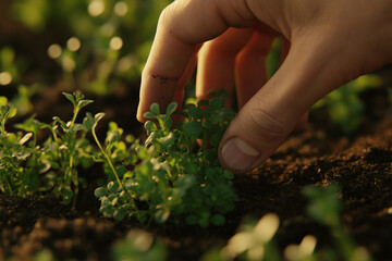 Fototapeta premium Photorealistic, A close-up of a hand picking fresh herbs from a garden, detailed textures of the plants and soil