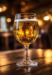 Obraz premium A refreshing glass of beer on a rustic wooden table surrounded by a warm blurry atmosphere