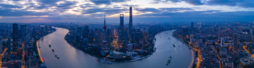 Aerial view of Shanghai skyline at sunrise