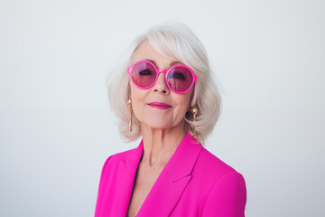 Elegant and stylish 70 year old woman happy with pink sunglasses, isolated on white background. Mature women and fashion.