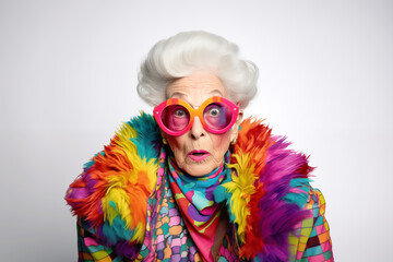 Funny, extravagant and surprised old woman with funny eyeglasses and dressed with vivid colors, isolated on a white background.