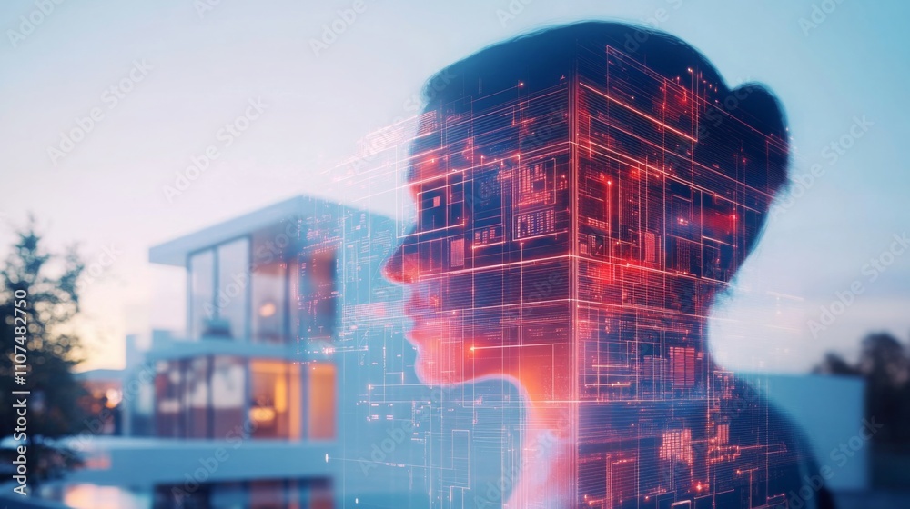 Poster a silhouette of a person is overlaid with digital graphics, representing artificial intelligence's i
