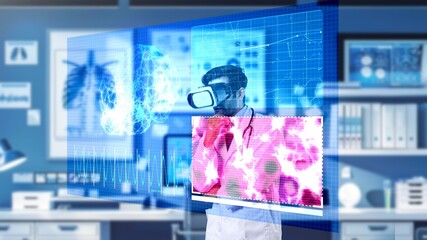 Professional doctor with VR headset analyzing and diagnosis brain anatomy holographic. Professional...