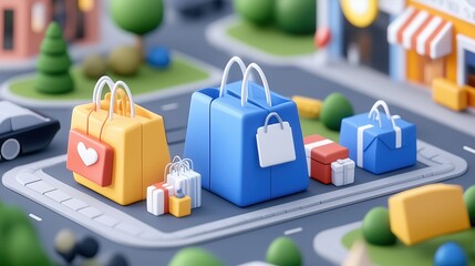 A city street with a car and a few shopping bags. The bags are blue and yellow. There are also some boxes on the ground