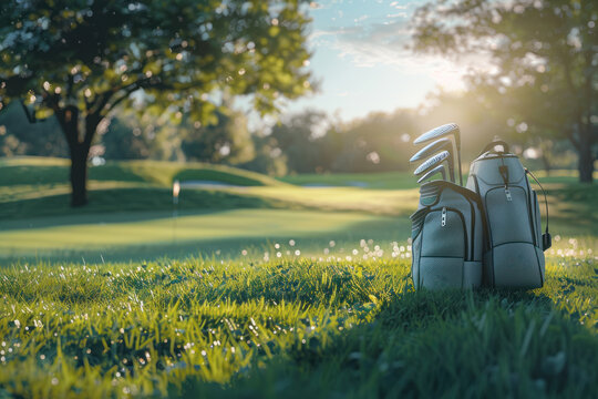 advertising shoot Golf bags on a bright green course