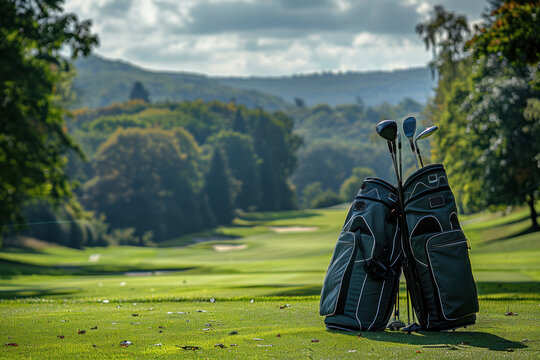 advertising shoot Golf bags on a bright green course