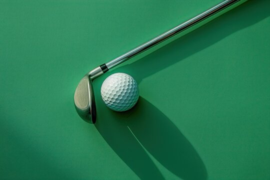 golf club ball on plain green background top view, close up, golf club advertising shot