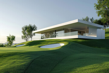 Private golf club on green course, minimalism