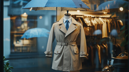 Naklejka premium Plain trench coat on a mannequin in a rainy-themed shop window with umbrellas nearby