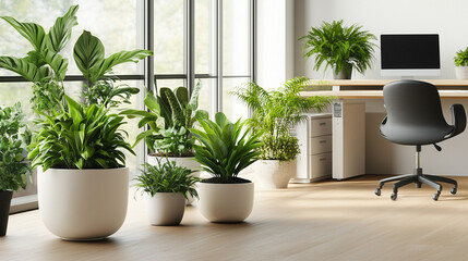 Fototapeta premium An eco-conscious home decor concept with upcycled pots, air-purifying plants, and sustainable materials, styled beautifully in a bright, modern apartment