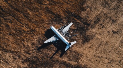 Distant aerial shot of a plane crash in a deserted field. Tragic accident involving aircraft, failed landing, engine failure incident. Damaged debris of an airplane, abandoned ruins. Risks of aviation