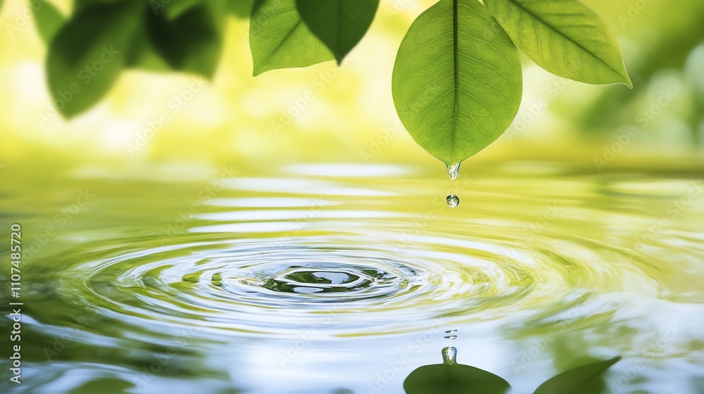 Poster a single water drop falls from a green leaf, creating ripples in a pond.