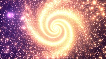 Obraz premium Spiraling hypnotic astrology background. Spiral abstract infinity pattern made of golden and purple shiny particles. Dynamic cosmic time travel vortex motion graphics. Glowing galaxy spiral effect.