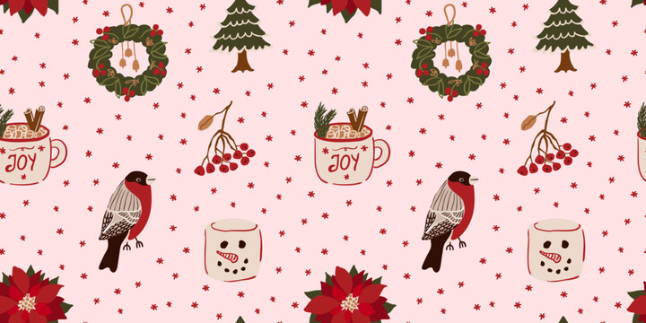 Cozy Christmas seamless pattern with bullfinch bird, rowanberries, tree, hot cholocate in a mug, holiday wreath, poinsettia flower and marshmallow snowman. Cute winter holiday season background.