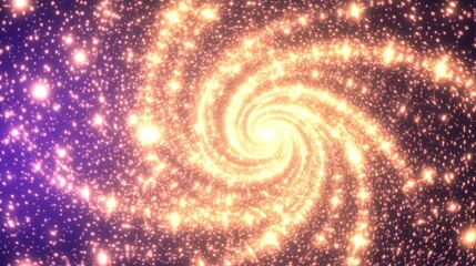 Fototapeta premium Glowing galaxy spiral effect. Spiral abstract infinity pattern made of golden and purple shiny particles. Dynamic cosmic time travel vortex motion graphics. Spiraling hypnotic astrology background.