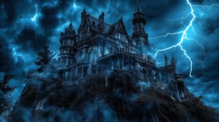 A castle with a stormy sky and lightning bolts. The castle is surrounded by trees and has a spooky atmosphere