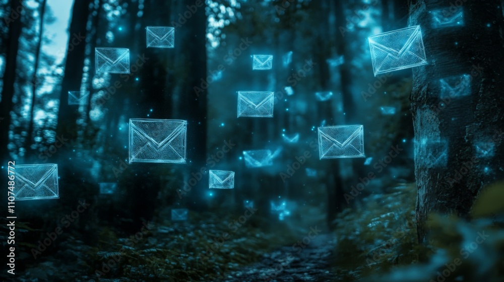 Poster Glowing digital envelopes float through a mystical forest at dusk, blending nature with technology.