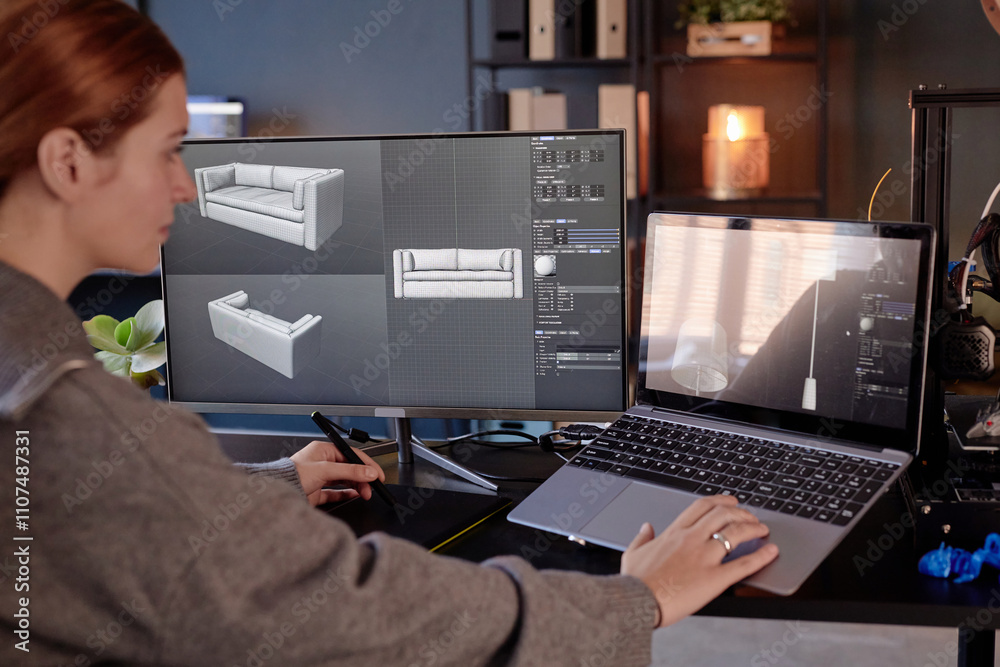 Poster woman working at desk with dual monitors and laptop, focusing on 3d modeling of furniture. screens d