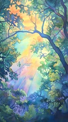 Serene watercolor painting of a forest canopy, bathed in soft, ethereal light.  Peaceful nature scene, ideal for relaxation and meditation.