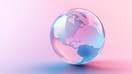 Transparent globe on pink and blue gradient background, world map sphere art, artistic earth image, modern abstract design
