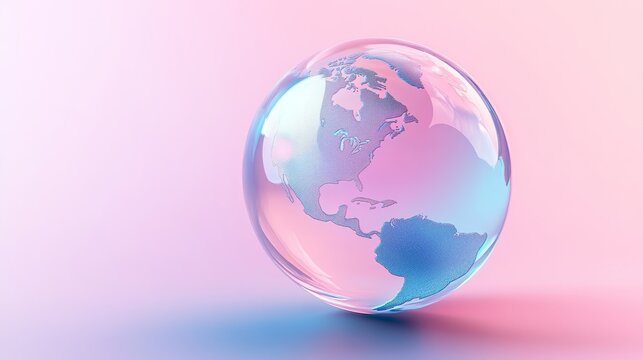 Fototapeta Transparent globe on pink and blue gradient background, world map sphere art, artistic earth image, modern abstract design
