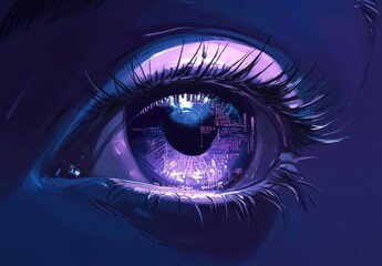 Naklejka premium A Close-Up of a Futuristic Eye with Digital Patterns Reflecting a Vibrant Cityscape, Merging Technology and Human Perception in a Surrealistic Style