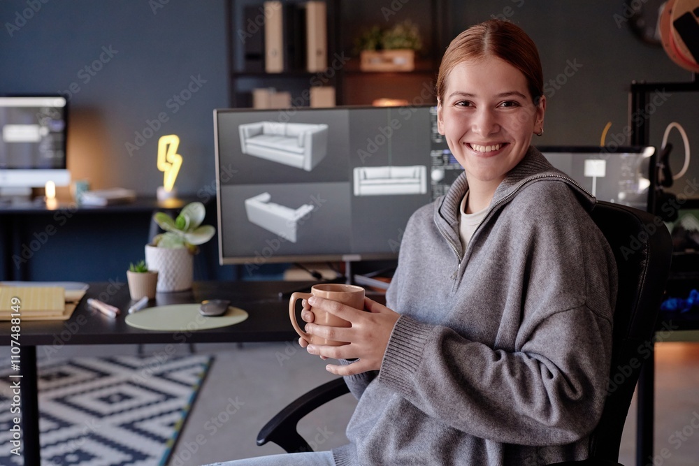 Fototapete smiling woman holding mug while sitting in design office with computer screens displaying 3d models 