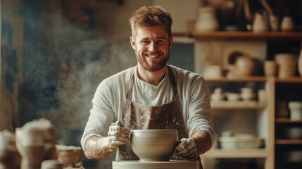 Smiling craft artist in apron in art studio store.