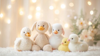 Cute Baby Ducks and Stuffed Toys, Soft Pastel Background, Adorable Plush Toys, Cozy and Warm Atmosphere, Nursery Decor
